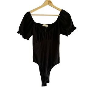 Altar'd State‎ Black Ribbed Bodysuit Top Ruffle Short Sleeve Square Neck Medium
